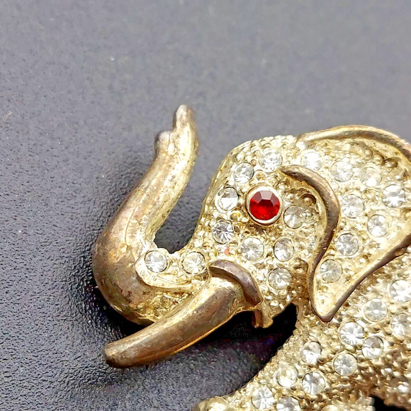 Vintage Rhinestone Elephant Brooch AD 2001 Red Eye Gold Tone Trunk Up Tusk Pin - Picture 2 of 11